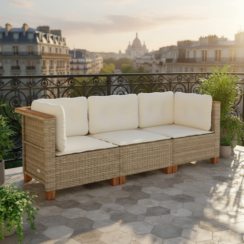 Canapé de Jardin Scandinave 3 Places Oslo – Résine Tressée Beige & Coussins Confort
