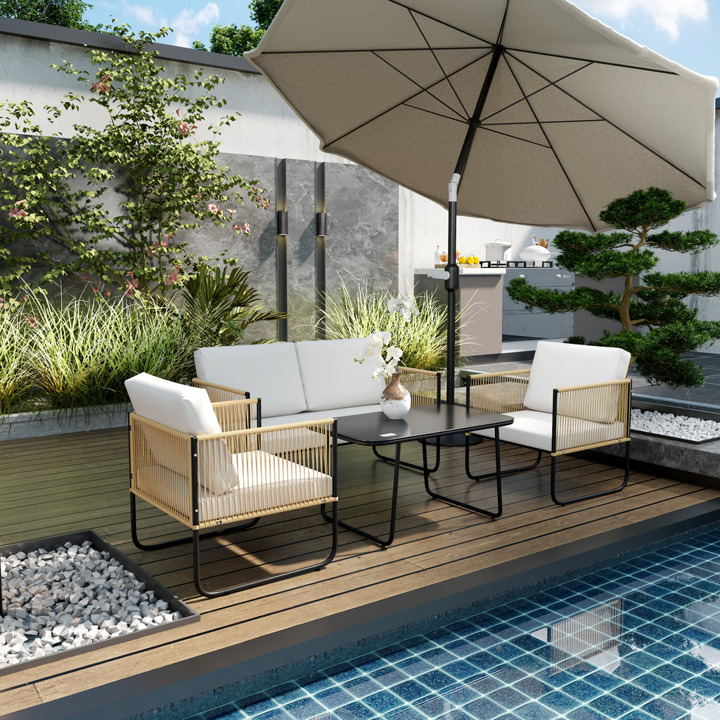 Salon de Jardin 4 Places Riviera – Design Chic en Résine Crème & Coussins Confort